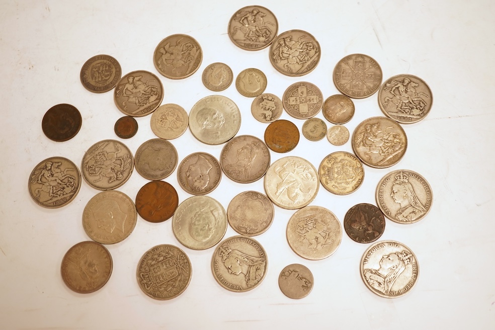 British coins, including silver crowns, George III, Victoria, George V, Victoria double florins, etc.